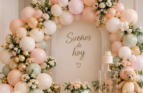 Arco orgánico de globos y flores enmarcando una mesa de pastel