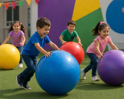 Niños jugando con pelotas gigantes durante el rally
