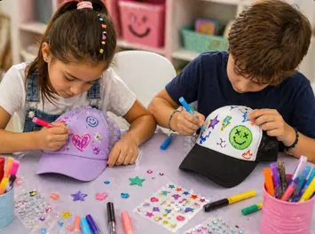 Niños decorando gorras con stickers y plumones