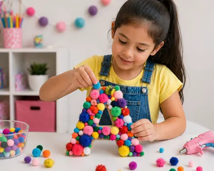Niña decorando una letra con pompones de colores
